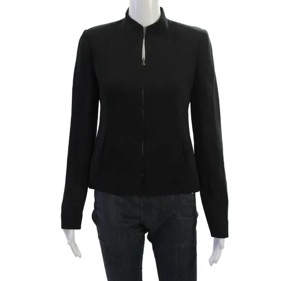 Philippe Adec Womens Black Polyester Mock Neck Blazer Zip Long Sleeve Size 4 - Picture 1 of 5